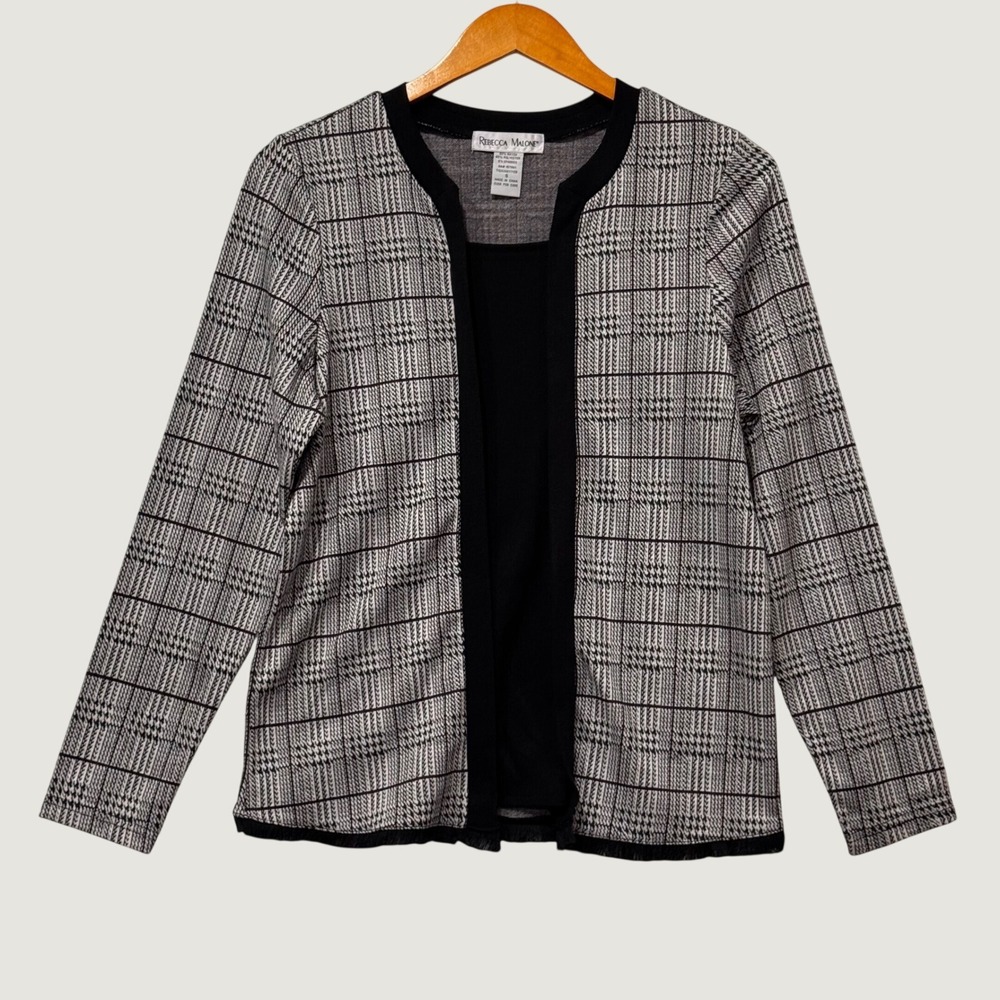 Rebecca Malone 2 in 1 Cardigan Womens S Black White Plaid Layered Old Money